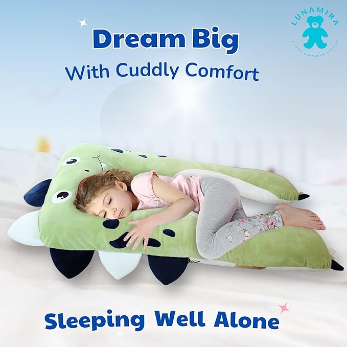 LUNAMIRA Dino Kids Body Pillow - 47" U-Shape Long Plush Soft Animal Pillow for Kids, Sleeping, Reading, ADHD & Special Needs Comfort, Anxiety, Washable Cover, Snuggle Fun Cuddle Gift for Boys & Girls