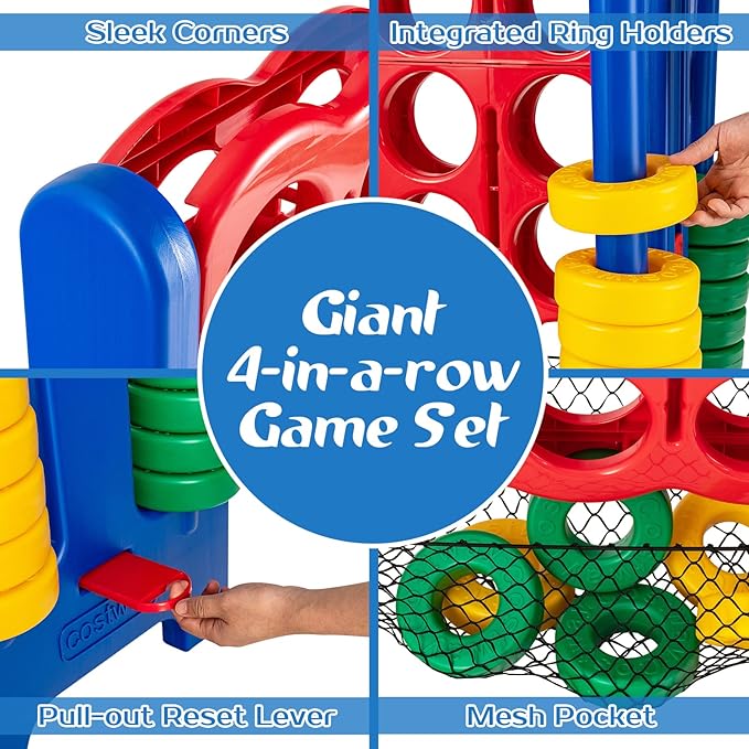 COSTWAY Giant 4 to Score Game Set, Jumbo Game Set with 42 Chess Pieces, Quick-Release Levers & Mesh Pocket, 4-in-a-Row Backyard Game for Kids & Adults, Ideal for Indoors & Outdoors