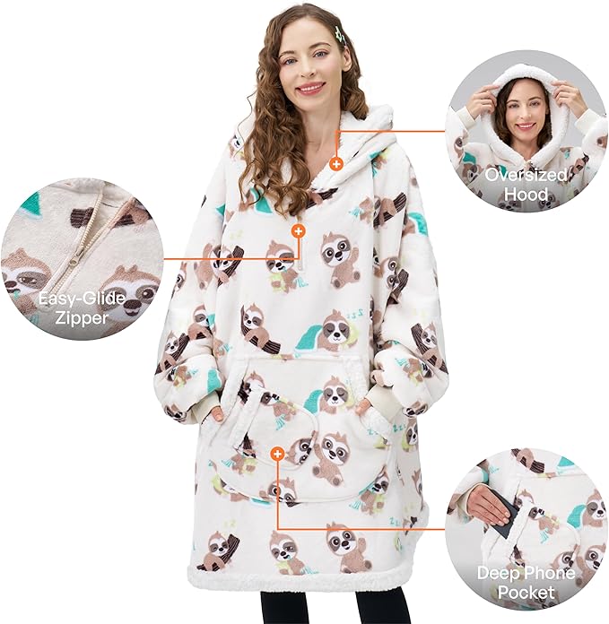 Giggling Getup Wearable Blanket Hoodie for Adults Gifts for Teen Girls Sister Women Sherpa Fleece Printed Hooded Blanket Sweatshirt Warm Cozy with Pocket & Sleeves Cream Sloth