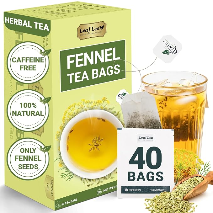 LeafLea Fennel Tea Bags, Pure Fennel Seed Tea, Foil-Wrapped, Caffeine-Free | Single-Ingredient Fennel Seed, Naturally Sweet & Soothing After Meals, 40 Bags, Sugar-Free, Vegan, Non-GMO