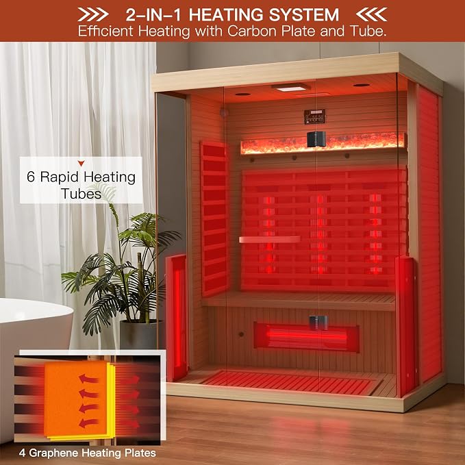 Full Spectrum Infrared Sauna, 2-3 Person Home Sauna with 6 Heating Tubes&3 Carbon Plate,Indoor Dry Sauna with Himalayan Salt Panel and LCD Touch Control Panel