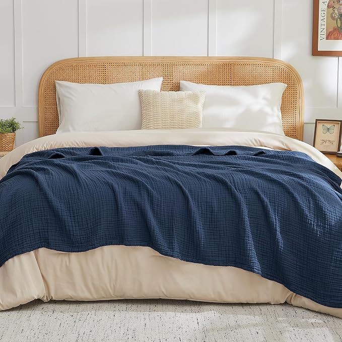 EMME Muslin Blankets for Adults Throw Blanket for Couch Breathable Gauze Soft Lightweight Airy Navy Super King 120" x 94"