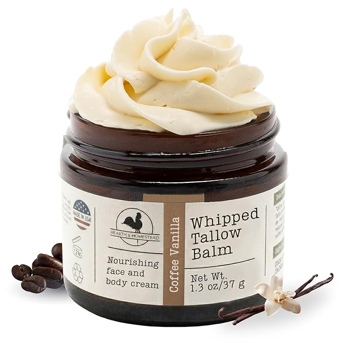 Hearth and Homestead: Handmade Whipped Tallow Balm (Coffee Vanilla) - Organic Body Butter with Infused Olive Oil - 1.3 oz …