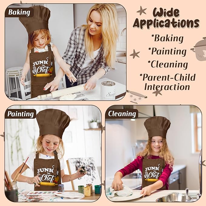 Kid Apron and Chef Hat Set - R HORSE 2Pcs Adjustable Children Brown Chef Kitchen Apron, Dress up Role Play Chef Toy Cooking Baking Painting and Training Kits Kid Funny Cooking Birthday Gift for Kids