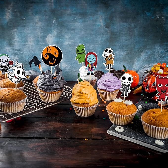 Gyufise 40Pcs Skellington Halloween Cupcake Toppers Glitter Skull Ghost Cupcake Picks for Nightmare Theme Wedding Anniversary Birthday Party Cake Decorations Supplies