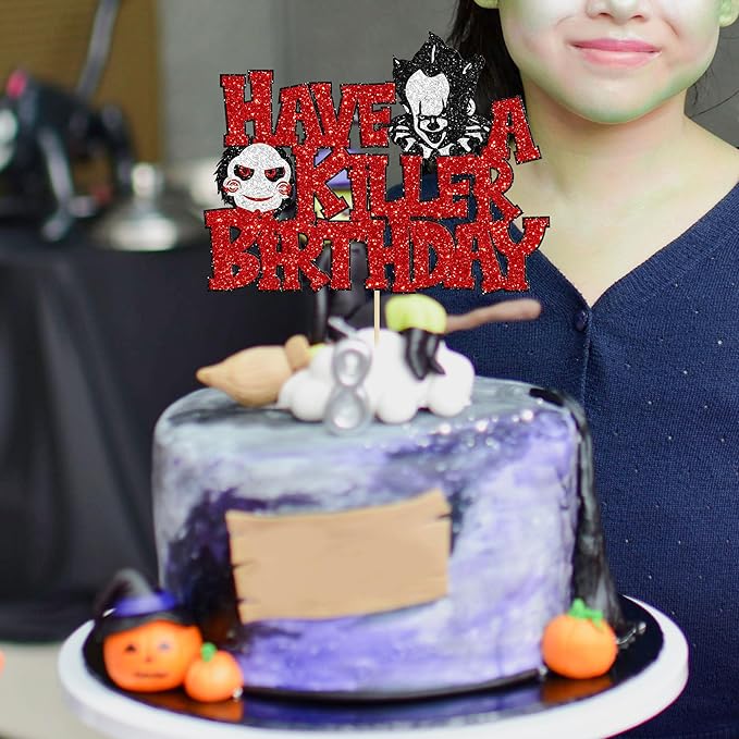 Gyufise 1Pcs Have a Killer Birthday Cake Topper Glitter Horror Classic Birthday Halloween Cake Pick for Bloody Horror Halloween Theme Party Cake Decorations Supplies