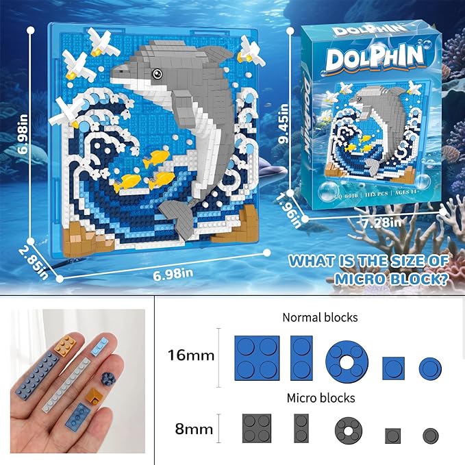 Dolphin Animal 3D Wall Art Micro Mini Building Blocks Set, Unique Home Wall Decor or Table Display, No Compatible with Lego Set, Ideal Gift Toy for Adults Boys Girls (1113 PCS)