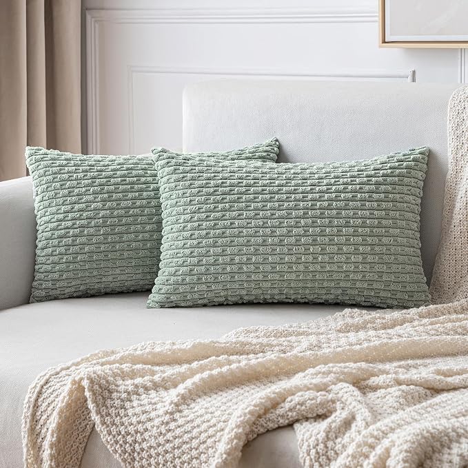 MIULEE Lumbar Decorative Throw Pillow Covers 12x20 Greyish Green Corduroy | Textured Striped Pack of 2 Striped Pillow Covers Modern Farmhouse Home Decor for Couch Bed Sofa Living Room