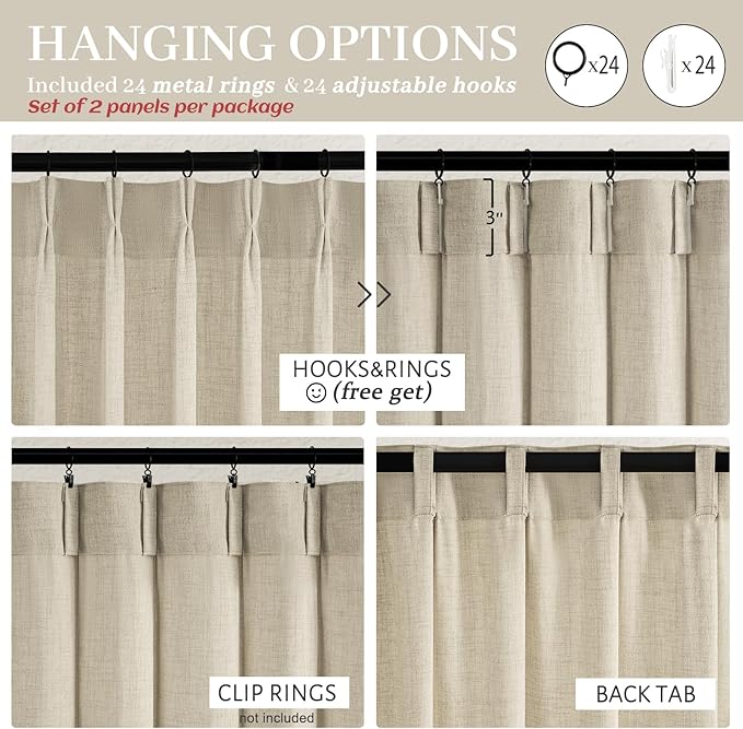 Extra Wide Linen Sheer Curtains 96 Inches Long 2 Panels Set for Bedroom, Luxury Warm Beige Pinch Pleat Viral Light Filtering Windows Curtain 70x96 Inch Length 2 Panels Set for Dining Room Drapes Decor
