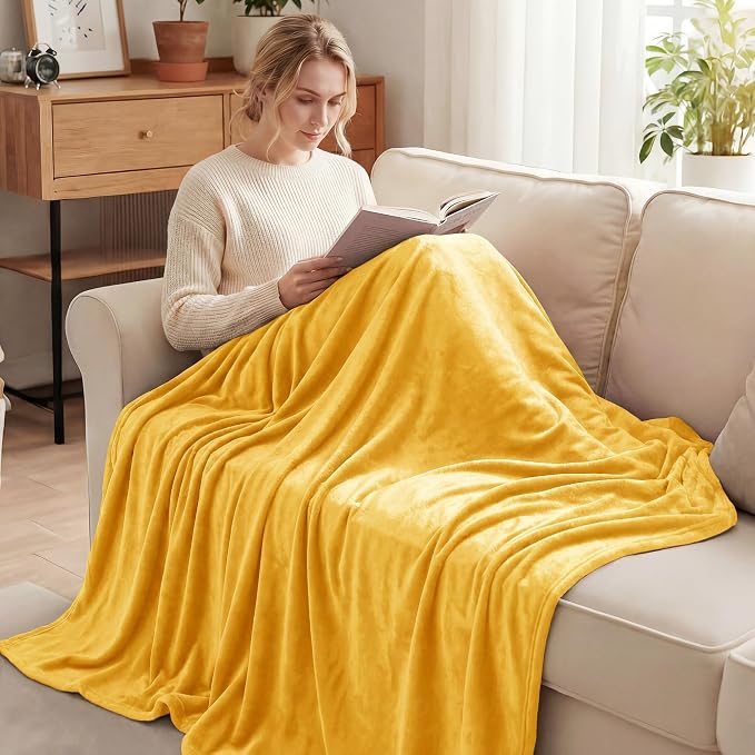Exclusivo Mezcla Soft Large Fleece Throw Blanket for Couch, Mustard Yellow | 50x70 Inches, Double-Sided Brushed Flannel, Lightweight Plush Cozy Blanket for Home Decor, All Season, Machine Washable
