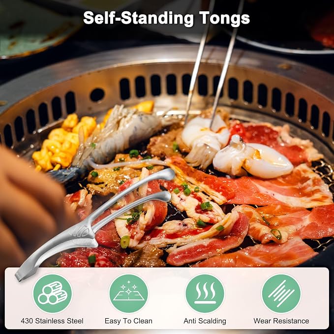 M METERXITY 5 Pcs Korean and Japanese BBQ Tongs 10 Inch Barbecue Tongs 430 Stainless Steel Kitchen Self-Standing Grill Non-Slip for Grill/Salad/Camping/Cooking [Silver]