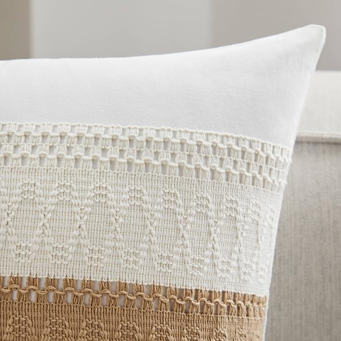 2pk Boho Pillow Covers 20x20, Natural White/Contrast/Brown | 100% Organic Cotton Body, Stripe Embroidery, Farmhouse Decorative Cushion Covers for Sofa Bed Living Room Home Decor