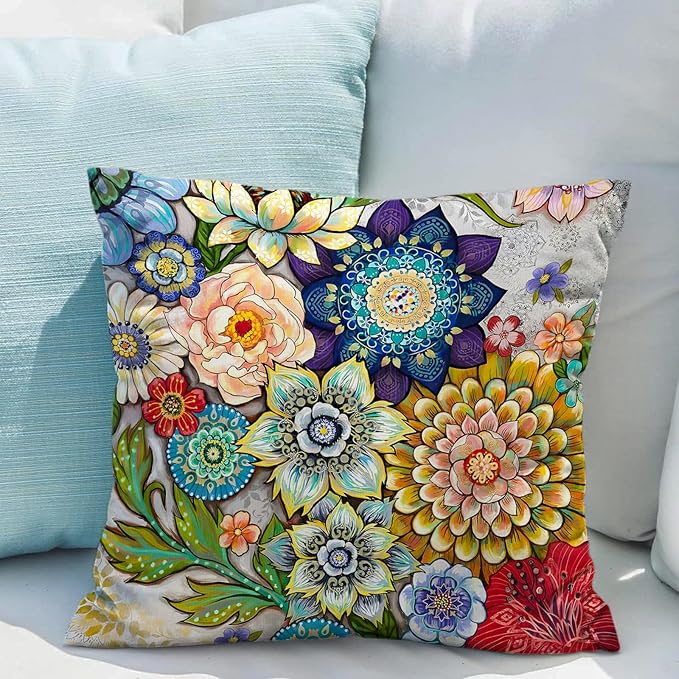 Snycler Boho Floral Throw Pillow Covers Set of 2 Colorful Boho Flower Decorative Cushions Pillowcase for Bedroom Sofa Home Decor, 26x26 Inch, Velvet, Short Plush