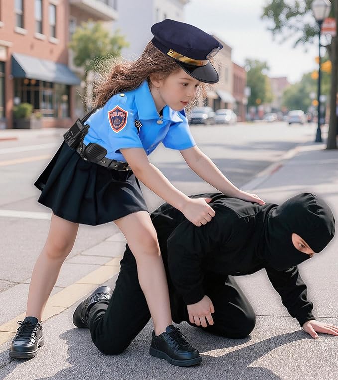 Meland Police Officer Costume for Girls - Halloween Dress Up for Girl Age 3-12, Role Play Outfit for Halloween Career Day