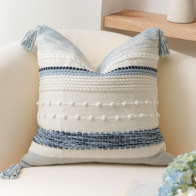 Coastal Blue Boho Decorative Throw Pillow Cover 18x18 Modern Bohemian Accent Pillow Case Square Woven Textured Farmhouse Pillows for Couch Bed (Pack of 1)
