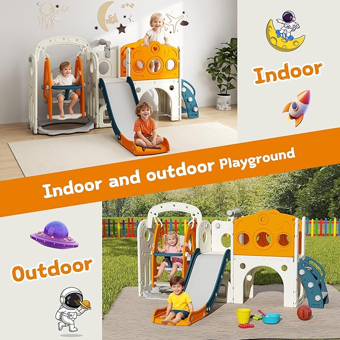 GITAWUSA 9 in 1 Toddler Slide and Swing Set, Slide for Toddlers 1-3, Kids Indoor Outdoor Playset Playground with Basketball Hoop, Telescope