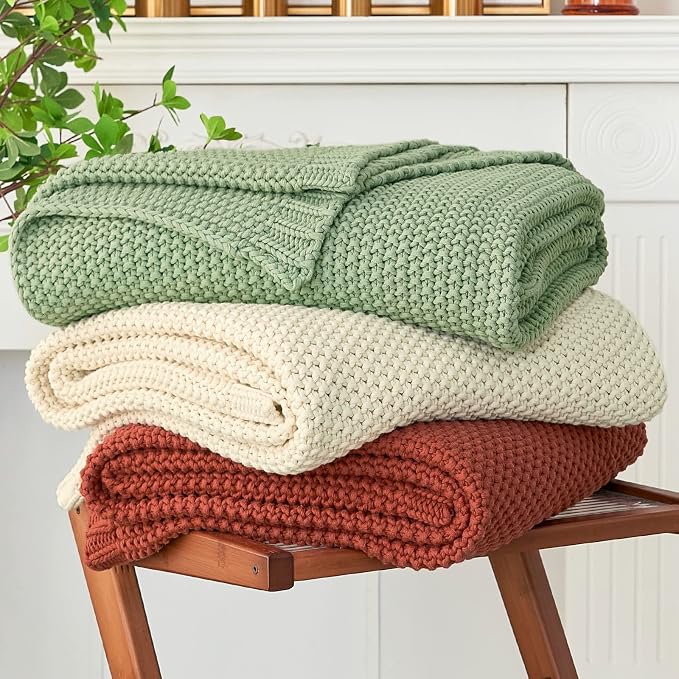 Chunky Cable Knit Throw Blanket Lightweight Rust 100% Organic Cotton Blanket for Sofa Couch Bed Baby Nursery, Rustic Shabby Chic Modern Farmhouse, 60” x 80” Give Laundering Bag
