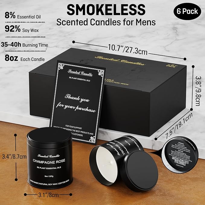 Men's Scented Candles Gift Set - 6 Pack Luxury Soy Candles for Home Scented, Masculine Woodsy Fragrances: Smoke Vanilla, Rum Oak & Cedar - Unique Birthday Gifts for Men, Dad, Husband, Boyfriend