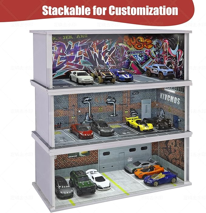 Display Case for Hot Wheels: Stackable Parking Garage for 1/64 Scale Matchbox Toy Car, Foamboard Storage for Monster Trucks with LED Light and Acrylic Cover, Supply Store