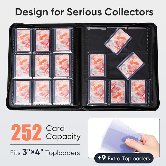 Top Loader Binder - 9 Pocket, Holds 252 Toploaders, 9 Toploaders Included, Card Storage for Trading Cards in 3 x 4'' Toploader, Premium Zippered PU Toploader Binder for TCG, Sports Cards
