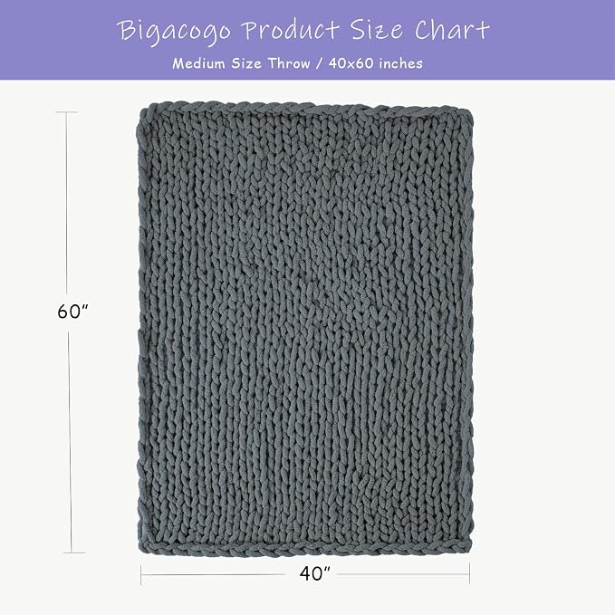Bigacogo Chunky Knit Throw Blanket for Couch, 40x60 inches, Iron Gray | Hand Knit with Jumbo Chenille, Soft Breathable Cable Knit for Sofa Bed Living Room, Machine Washable, Gift for Mom Friend