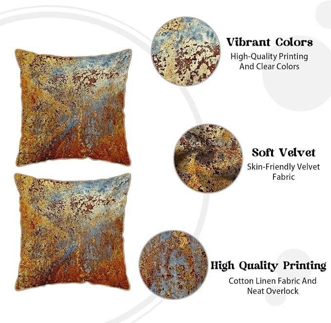 KSLIDS Brown Rust Soft Velvet Throw Pillow Covers Set of 2 Gold Orange Teal Rustic Decorative Pillow Covers 16x16 Inch Rusty Copper Metallic Bronze Pillow Case for Sofa Couch Living Room Home Decor