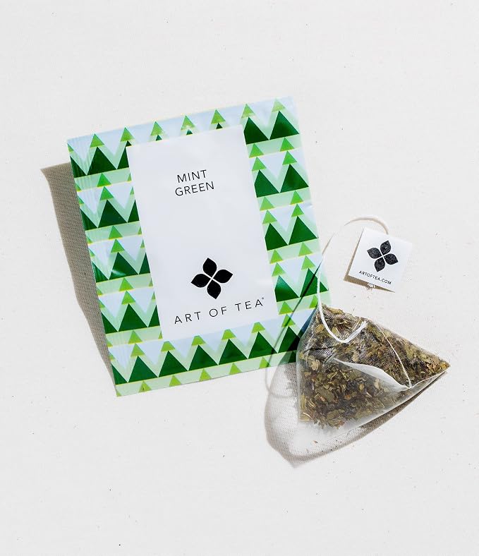 Art of Tea Mint Green Tea Bags 12 Count, Organic Peppermint & Spearmint Green Tea Sachets, Premium Pyramid Tea Bags for Hot or Iced Tea, Smooth Refreshing Green Tea with Moderate Caffeine