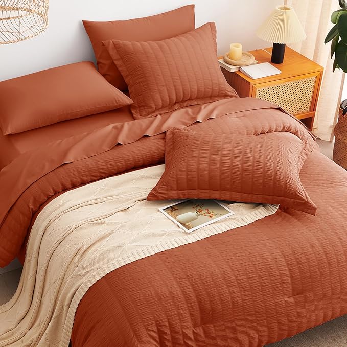 CozyLux King Size Comforter Set Burnt Orange Seersucker 7 Pieces Bed in a Bag King Comforter Set with Sheets, Terracotta Luxury Bedding Set with Down Alternative Comforter, Sheets, Pillowcases & Shams