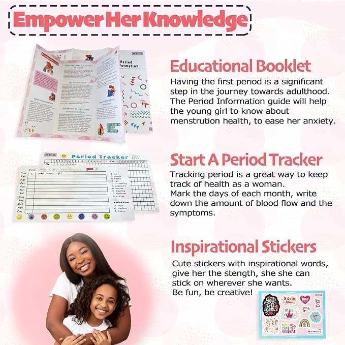 Essential First Period Kit for Girls 10-12 | Period Bags for Teen Girls for School | First Period Gift with Sanitary Pad Storage Bag, Wipes, Period Tracker and More(Pink)