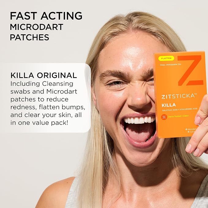 ZitSticka Killa Microdart Pimple Patches for Face - Most Potent Pimple Patch with Fast-Acting Microdarts - For Deep, Early-Stage Zits with Salicylic Acid - Regular 4 Count with Cleaning Swab