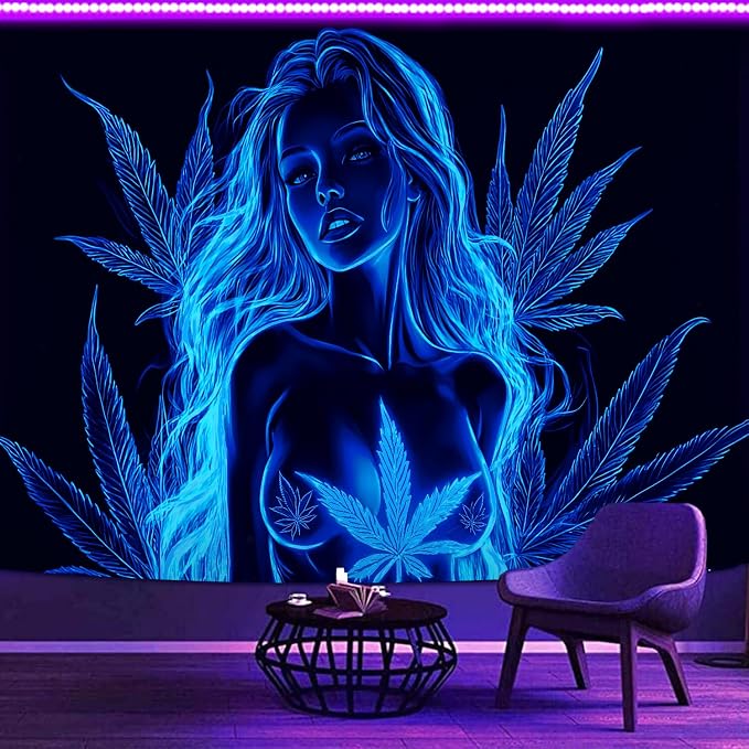 Bcsewcg Blacklight Art, Blue Tapestry Wall Hanging - UV Glow in the Dark Hot Girl Poster for Adults, Bedroom, Dorm Decor