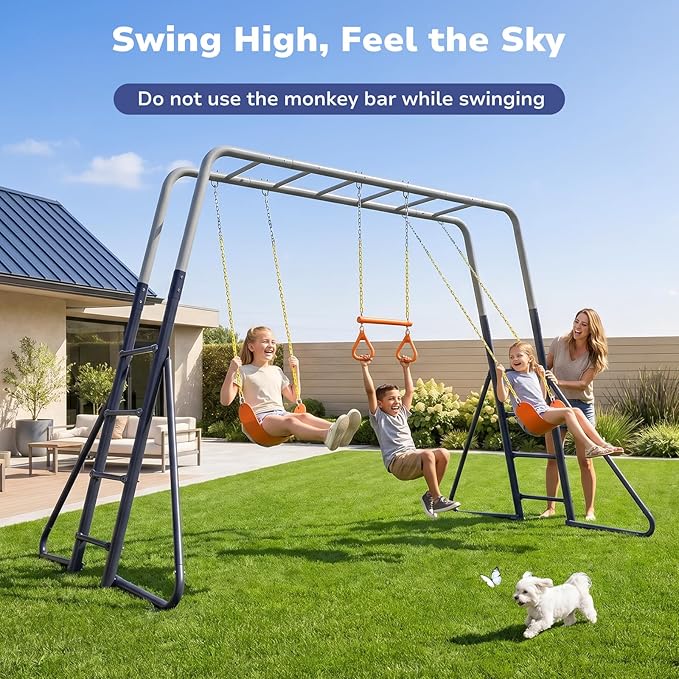 Hapfan Swing Sets for Backyard with Monkey Bars, 2 Belt Swings & Trapeze Bar- Heavy Duty Metal Outdoor Playground Sets for Kids, Backyard Playset (Dark Blue & Grey)