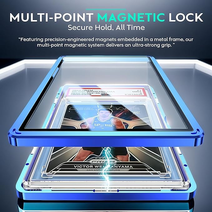 UV-Resistant Magnetic Metal Slab Case for 35pt PSA, BGS, CGC Graded Cards. High Alumina Glass, Multi-Point Magnetic Lock, Durable Metal Frame, Stackable Design. Black