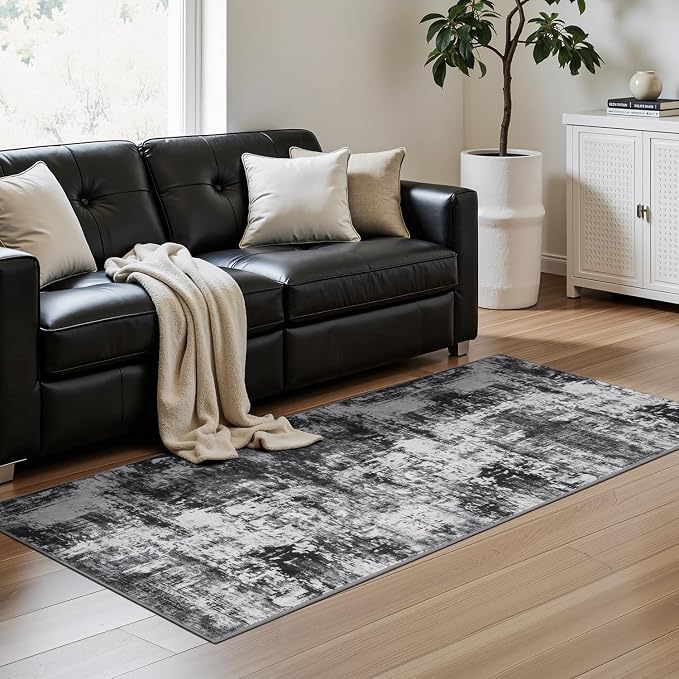 Rugflix 2x6 Runner Rug for Entryway, Washable Black Grey Runners | Machine Washable; Stain-Resistant; Low Pile; Non-Slip; Modern Abstract; Carpet for Entryway Kitchen Hallway Home
