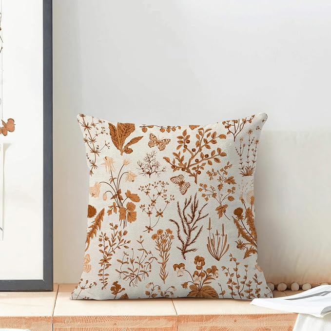 AEIOAE Fall Pillow Covers 22x22 Inch Set of 2,Burnt Orange Wild Flower Plant Throw Pillows Case,Seasonal Floral Outdoor Decorative Square Linen Farmhouse Decor Cushion Covers for Home Sofa Bed Couch
