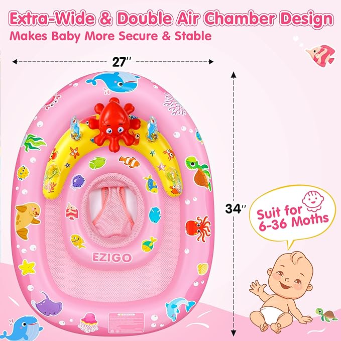 EZIGO Baby Pool Float with Canopy UPF50+ Sun Protection, Inflatable Kids Pool Floats with Ocean Animal Toys for Baby 6-36 Months, Infant Swimming Float with Adjustable Safety Seat for Boys Girls