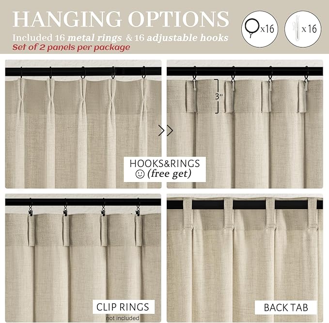 Unique Light Brown Pinch Pleat Thick Linen 86 Inch Office Curtains 2 Panels Set, Warm Beige Light Filtering Semi Sheer Ceiling Track Bohemian Windows Curtain with Back Tab 40"W x 86"L Nursery Drapes