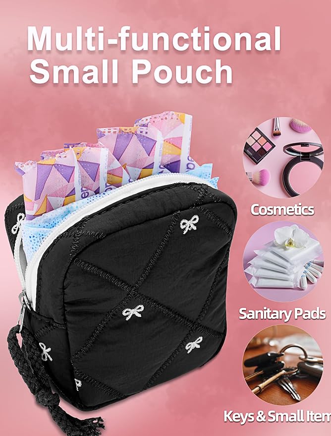 Period Bag for Girls, Quilted Period Pouch for Women, Sanitary Napkin Storage Bag Menstrual Pad Pouches Tampon Holder for Purse Pad Bag Gifts for Teen Girls(Black)