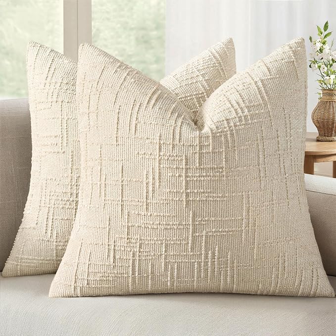 MIULEE Chenille Textured Throw Pillow Covers Beige 20x20 Set of 2 | Slubby Decorative Pillows, Boho Farmhouse Home Decor, Modern Neutral Cushion Covers for Couch Sofa Bed Living Room