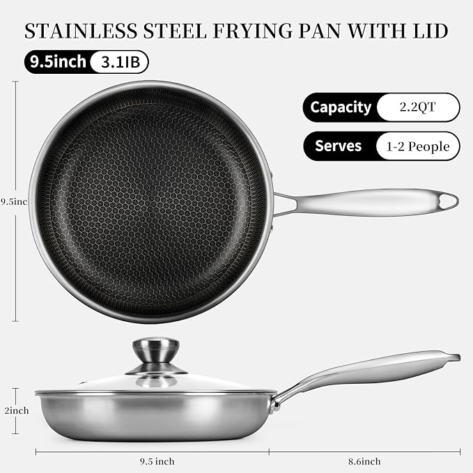 Stainless Steel Frying Pan with Lid - 9.5 Inch Nonstick Frying Pan with Lid, Honeycomb Stainless Steel Skillet Omelet Chef's Pan with Stay Cool Handle, Induction Compatible, PFOA Free | Honeycomb Hybrid Nonstick Skillet, Induction & Oven Safe, Stay-Coo...
