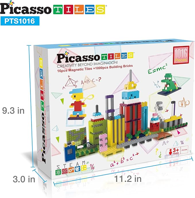 PicassoTiles 1016pcs Magnetic Tile & Building Brick Combo Construction STEM Toy Magnet Tiles for Creative Play Educational Toys for 3+ Large Bricks for Toddlers Compatible with Major Brands PTS1016