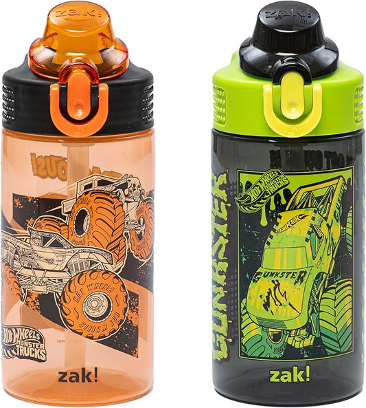 Zak Designs Hot Wheels Sage Kids Water Bottle For School or Travel, 16oz Durable Plastic Water Bottle With Straw, Handle, and Leak-Proof, Pop-Up Spout Cover, 2-Pack Set (Monster Trucks)