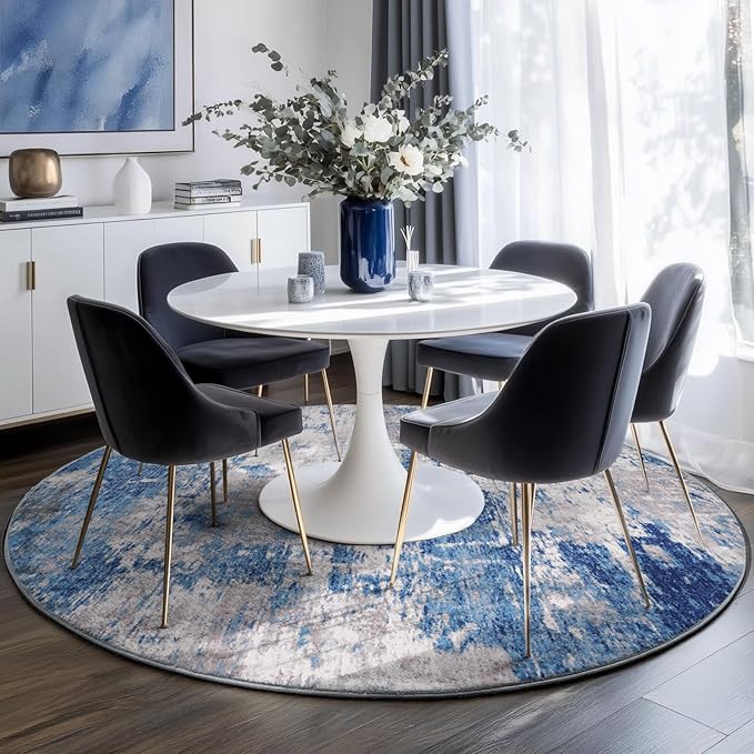 RELEANY Washable Round 6ft Area Rug for Living Room Blue Gray | carpet for bedroom, kitchen, office, hallway and entryway, printed pattern, non-slip, soft, stain-resistant, easy to clean