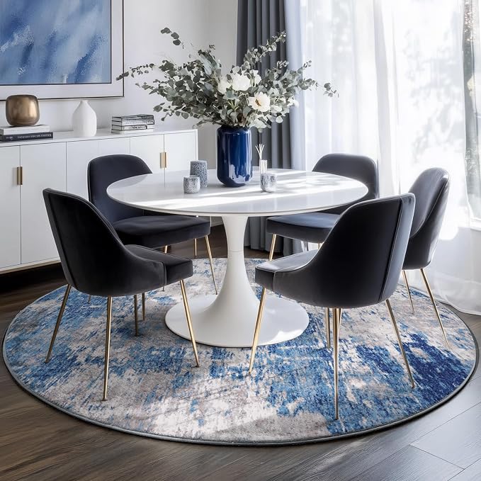 RELEANY Washable Round 8ft Area Rug for Living Room Blue Gray | carpet for bedroom, kitchen, office, hallway and entryway, printed pattern, non-slip, soft, stain-resistant, easy to clean