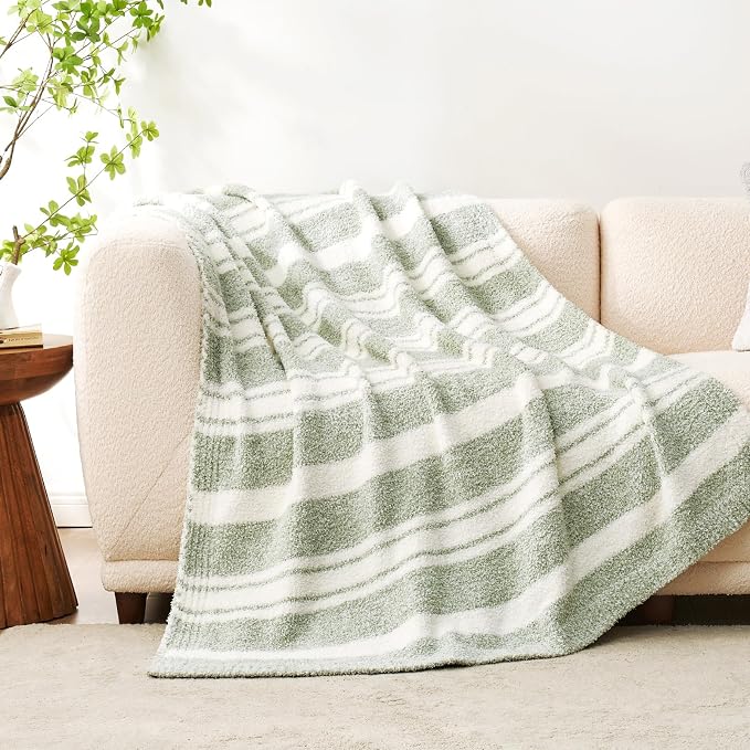 Snuggle Sac Heather Throw Blanket for Couch, Reversible Super Soft Blankets Warm Cozy Knit Fuzzy Plush Lightweight for Sofa, Bed, Camping, Picnic (Stripe Green, Twin (60"x80"))