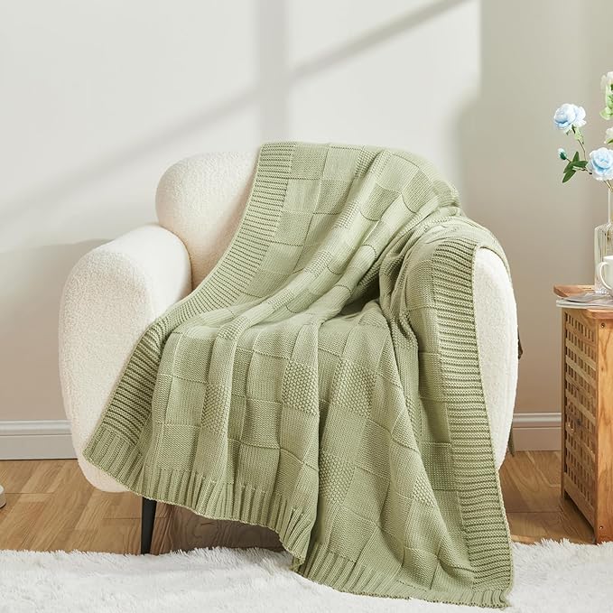CozeCube Sage Green Knitted Checkered Throw Blanket 60"X80" | Check Knit Throw for Couch, Decorative Christmas Soft Cozy Warm Blanket for Bed Sofa Living Room