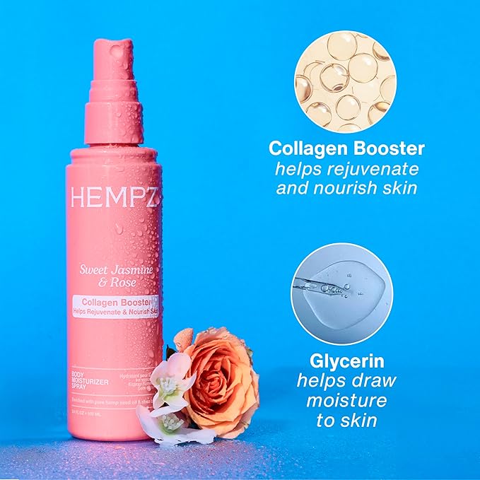 Hempz Sweet Jasmine & Rose Body Moisturizer Spray, Hydrating Mist with Collagen, Travel Friendly, 3.4 fl.oz.