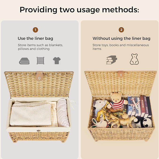 Wicker Storage Basket with Lid, 160L Shelf Basket with Removable Liner Bag | Rattan-Inspired Woven Design, Elevated Feet, Storage Trunk for Wardrobe, Bedroom & Home Organization