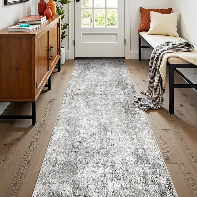 RELEANY Washable Runner 2'x8' Abstract Area Rug for Hallway Gray White | carpet for kitchen, entryway, bathroom, living room, bedroom, printed pattern, non-slip, soft, stain-resistant, easy to clean