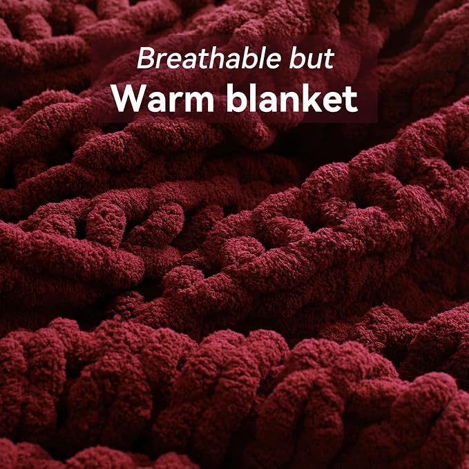 Negwoo Chunky Knit Throw Blanket, Knitted Throw Chenille Yarn, 40"*50" | Soft Thick Cable Knitted Blankets, Handmade Big Thick Blanket, Machine Washable Cute Comfy Blanket for Home Decor, Red